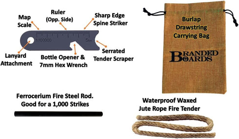 Portable Bushcraft Stainless BBQ Cooking Grill Grate, Mini Knife, Fire Starter Kits, Bamboo Cutting Board, Burlap Bag