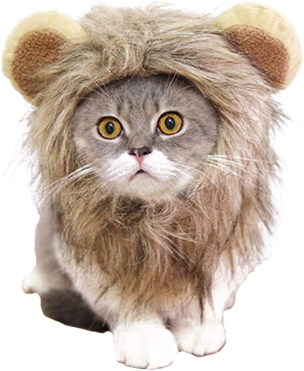Halloween Cat Lion Mane Wig Costume - Adjustable Washable Funny Pet Puppy Dress Up Hat for Holiday Photo Shoots, Size L