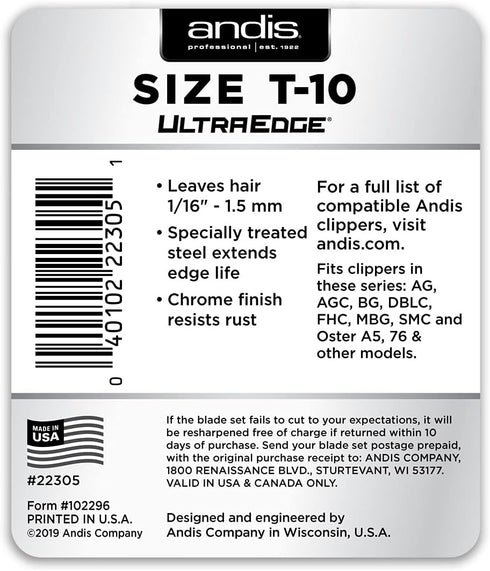 Andis Carbon-Infused Steel UltraEdge Dog Clipper Blade, Size-T-10, 1/6-Inch Cut Length (22305)