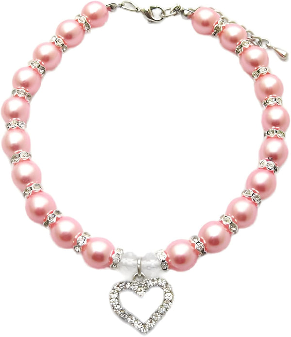 Engraved Crystal Heart Dog Necklace Jewelry - Bling Pearls Rhinestones Charm for Pets, Small Dogs, Girl Teacup
