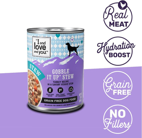 I AND LOVE AND YOU Wet Dog Food, Gobble It Up Stew, Turkey Recipe, Grain Free, 13 oz Can, 12 Pack