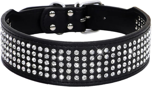 Rhinestones Dog Collars - 2" Wide Sparkly Crystal Studded PU Leather Collar for Medium and Large Dogs, 5 Rows
