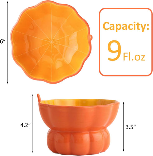 Cute Pumpkin Shaped Cat Bowl, Ceramic Raised Cat Bowl for Food or Water, Anti Vomiting & Whisker Friendly, 9 oz Small Elevated Cat Dish for Indoor Flat Faced Cats and Kitten
