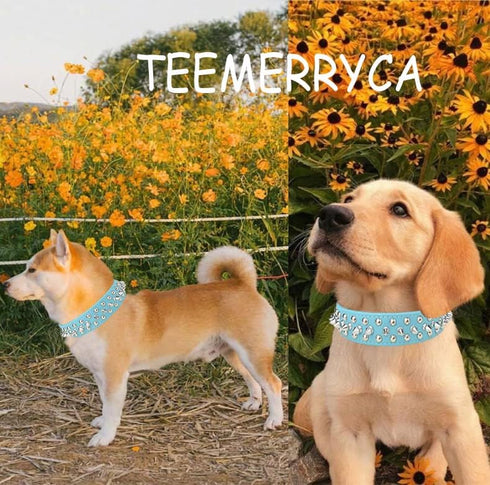 TEEMERRYCA Adjustable Microfiber Leather Spiked Studded Dog Collars with Squeak Ball Gift for Small Medium Large Pets
