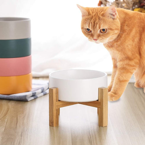 Elevated Raised Food Bowls with Stand, Ceramic Pet Bowl with Anti-Slip Rubber Pad for Small Dogs and Cats, White