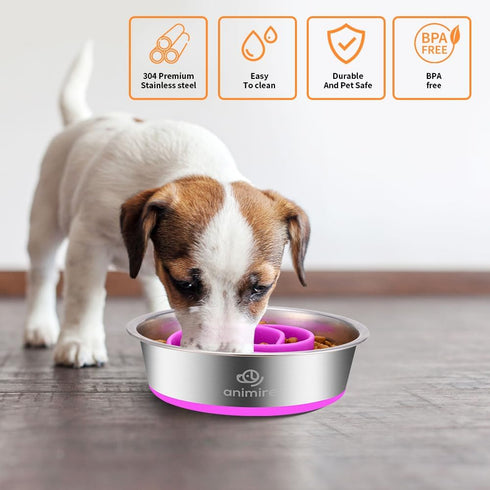 2-in-1 Metal Dog Bowl with Slow Feeder Insert, Stainless Steel Food Grade 304 Bowl with Anti-Slip Base for Small &