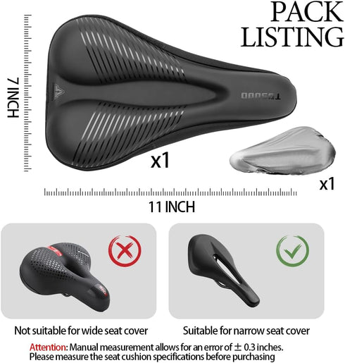 Gel Padded Bike Seat Cover for Men Women, Comfort Narrow Bicycle Seat Cushion for Indoor & Outdoor (11"x7")