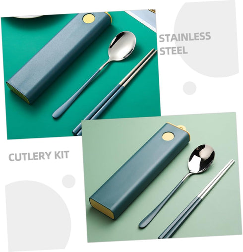 Set Stainless Steel Reusable Tableware with Carrying Box Portable Cutlery Kit Including Spoon and Chopsticks