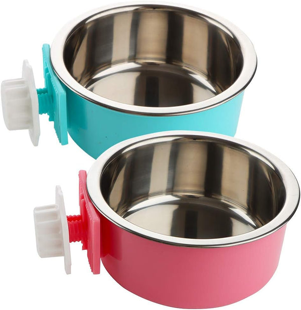 2 Pack Pet Food Water Bowl Combo - Plastic Basin and Stainless Steel Dish for Rabbit, Chinchilla, Hamster, Bird, and