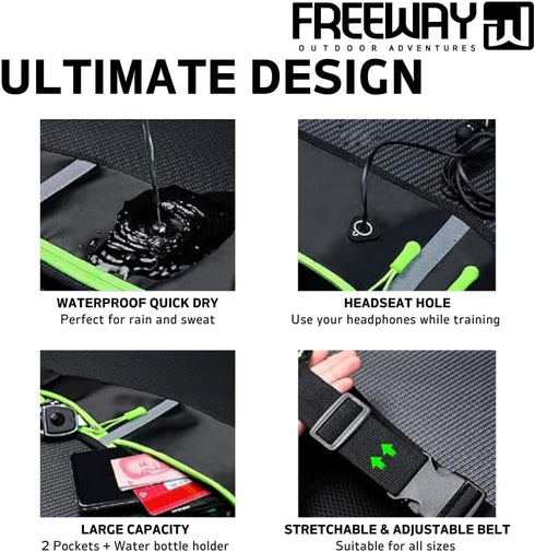 FREEWAY Multifunction Running Bag - Sports Belt with Water Bottle Holder & Zipper - for Men & Women (GREEN)