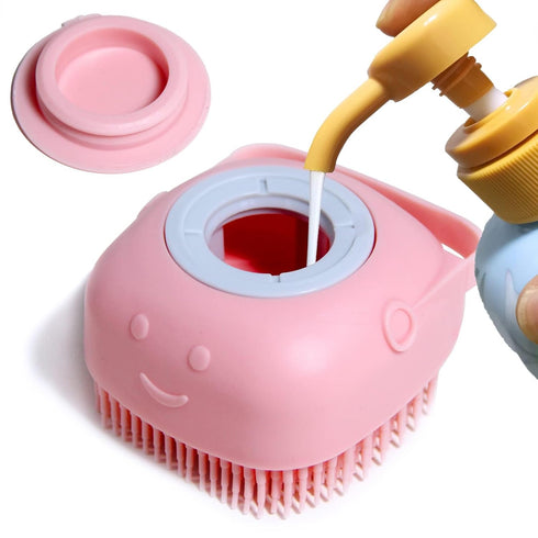 Pet Brush and Shampoo Dispensing Tool - 2-in-1 Deshedding Tool with Soft Silicone Bristles - Cute Animal Design (Baby