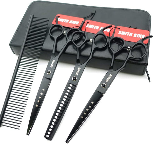 7.0 inches Set 4pcs 1 Set Professional Dog Grooming Scissors Straight & Curved & chunkers & comb in Left-handed