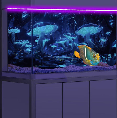 24X16IN Blacklight Cyan Mushroom Black Light Aquarium Background, UV Reactive Starry Sky
