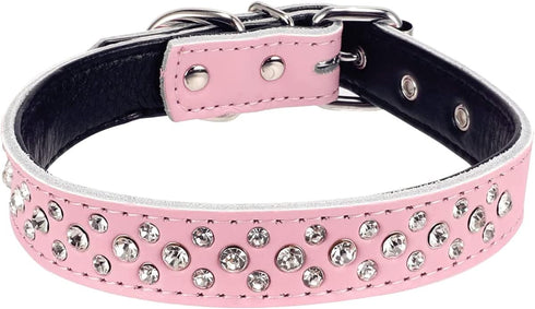Adjustable Rhinestone Dog Collar - Sparkly Crystal Soft Genuine Leather Bling Collars for Small Medium Large Dogs