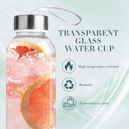 VANTOBEST 420ml 14.2oz Clear Glass Water Bottle with Stainless Steel Cap and Carrying Loop Refillable Sports Drinking