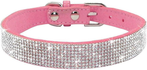 Rhinestone Dog Collar, Dazzling Soft Suede Leather Adjustable for Puppy, Small, Medium, Large Dogs (M: 33-39 cm, Pink)