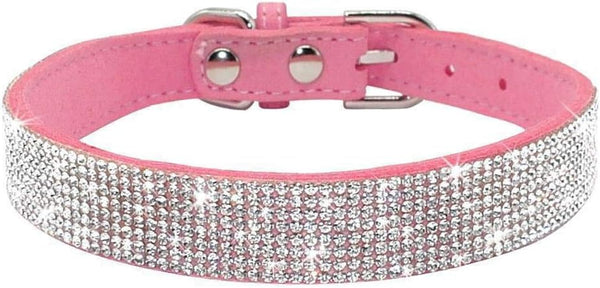 Rhinestone Dog Collar, Dazzling Soft Suede Leather Adjustable for Puppy, Small, Medium, Large Dogs (M: 33-39 cm, Pink)