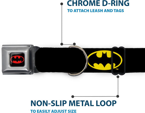Dog Collar Seatbelt Buckle Batman Shield, Black Yellow, 15 to 26 Inches, 1.0 Inch Wide