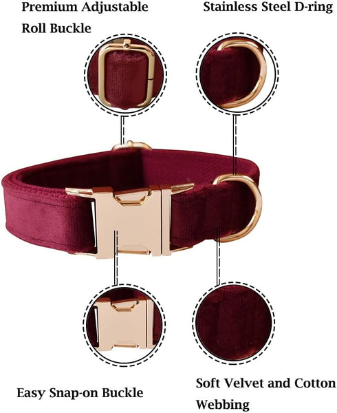 Soft Velvet Dog Collar and Leash Set, Adjustable Durable Pet Collars with Heavy Duty Metal Buckle for Small Medium