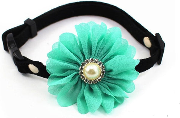 Rhinestones Daisy Flower Charm Suede Leather Dog Collar - Breakaway Cat Collar Necklace Jewelry with Pearl for Small