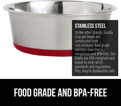Gorilla Grip Stainless Steel Dog Bowl Set of 2, Heavy Duty Feeding Dishes with Rubber Base, Holds 2 Cups