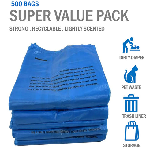 Baby Diaper Bag Disposable (500 Count, Blue), Fresh Baby Powder Scented Easy Tie Handles Bulk Diaper Sacks