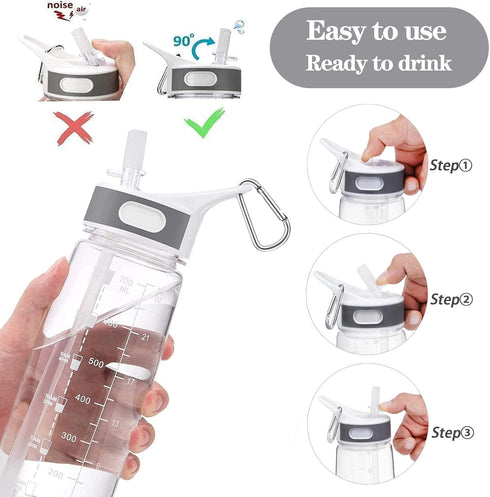 Sports Water Bottle with Straw & Handle, BPA-Free, 27oz Leakproof Bottle with Motivational Marker for Outdoor Activity