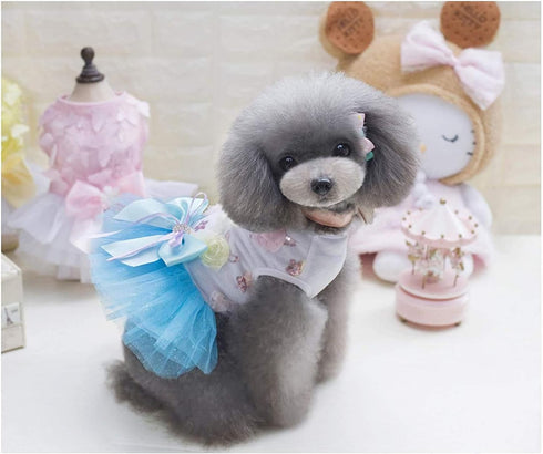 Puppy Skirt Dog Dresses for Small Dogs - Princess Tutu Flower Sequin Dot Wedding Lace Bow Dresses - Blue, Size L