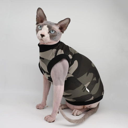 Sphynx Hairless Cat Summer Cotton T-Shirts, Round Collar Vest for Cats & Small Dogs (Medium, Black Camo)