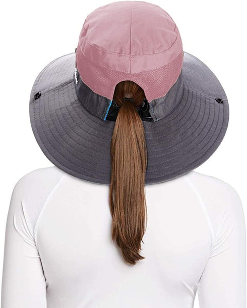 Rosoz Ponytail Sun Bucket Hats for Women, UV Protection, Foldable Mesh Wide Brim for Hiking