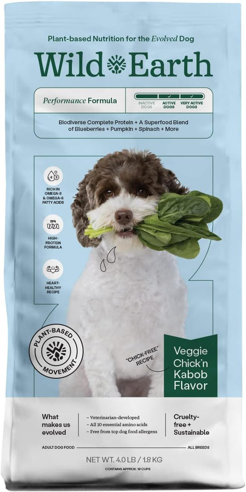 Wild Earth Vegan Dry Dog Food, 4lb Bag - Performance Formula, Plant-Based Vegetarian Kibble, Wheat-Free