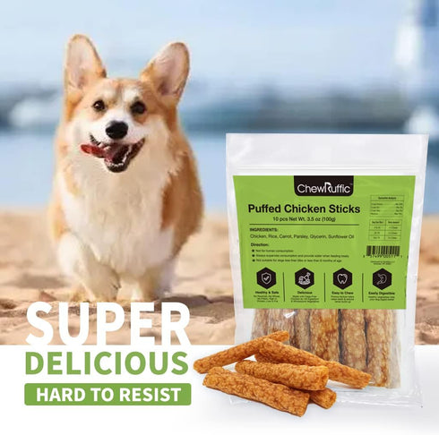 Chicken Dog Chew Sticks, Puffed Human Grade Dog Treat Sticks, Rawhide Alternative, Easy to Digest, 10pcs/Pack