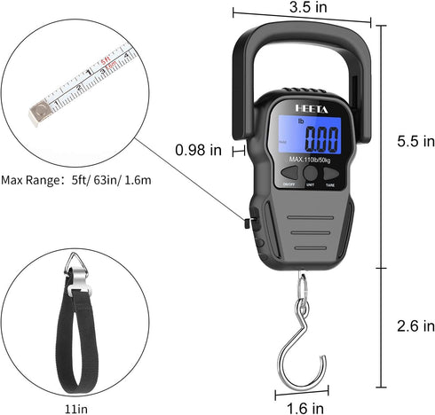 HEETA Fish Scale with Backlit LCD Display, Digital Portable Hanging Weight Scale 110lb/50kg with Hook