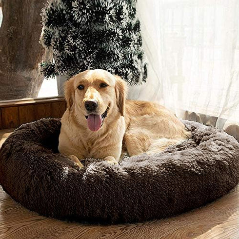 MFOX Calming Dog Bed for Medium and Large Dogs, Faux Fur Donut Cuddler, Sizes L/XL/XXL/XXXL, Up to 100 lbs