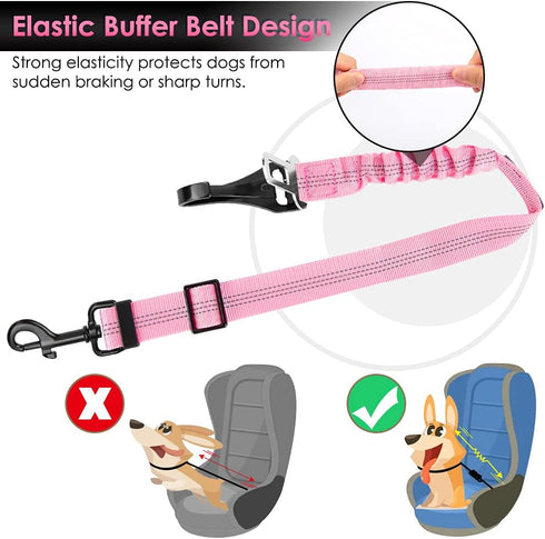 SlowTon Adjustable Dog Seat Belt, 2 in 1 Safety Leash with Elastic Nylon Bungee Buffer, Reflective Tether (Pink)