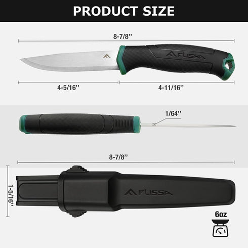 FLISSA Bushcraft Knife, Fixed Blade with Nylon Sheath, Stainless Steel Blade for Camping and Hiking, 4 Inch