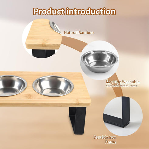 Elevated Cat Bowls, 15° Tilted Stainless Steel Cat Bowls for Indoor Cats, Anti Vomit Bamboo Stand with 3 Feeder Bowls