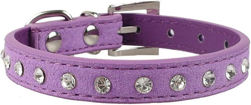 Cute Elegant Fancy Suede Leather Dog Collar, 1 Row Bling Rhinestone Crystal, Small, Purple