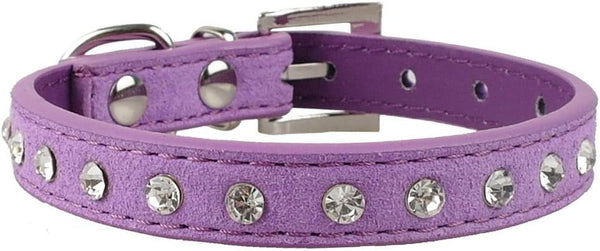 Cute Elegant Fancy Suede Leather Dog Collar, 1 Row Bling Rhinestone Crystal, Small, Purple