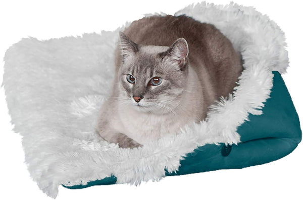 Furhaven Self-Warming Cat Bed for Indoor Cats, 4-Beds-in-1, Washable Plush Faux Fur Cuddler, Small, Spruce
