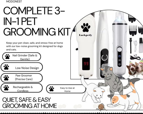 Generic 3-in-1 Trimmer Rechargeable Pet Grooming Kit Hair & Paw Groomer for Dogs & Cats Low Noise, Cordless