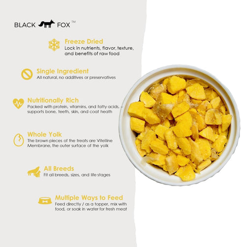 BLACK FOX Freeze-Dried Egg Yolk Dog Treats | Topper | Cat Treats | 4oz Single Ingredient, Raw, Healthy, All Natural, Human Grade, Recyclable Packaging