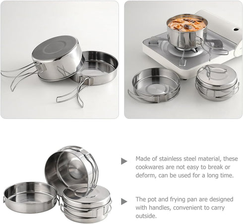 Set 4pcs Backpacking Stainless Steel Cookware Kit Camping Pot Pan Outdoor Cooking Mess Kit with Foldable Handles Easy