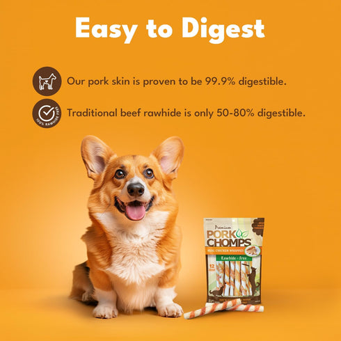 5 Inch 12 Count Pork Chomps Baked Pork Skin Dog Chews, Mini Twists, - Real Chicken Wrap - Long-Lasting Treats for Dogs