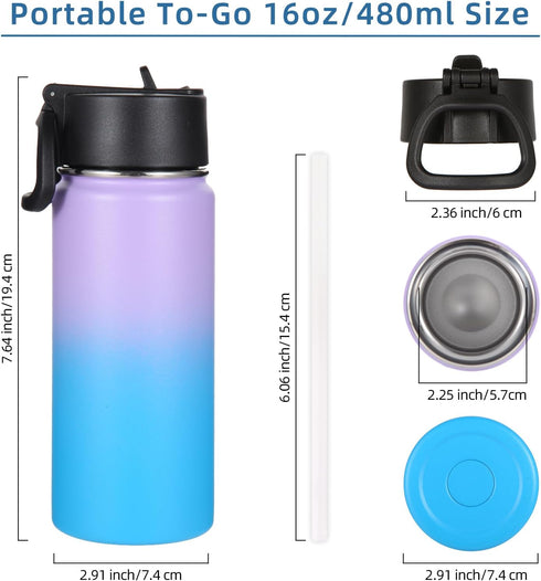 Volhoply 16 OZ Kids Water Bottle Bulk 4 Pack - Insulated Sports Bottles with Straw Lid, Stainless Steel