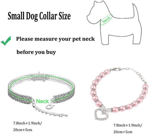 Rhinestones Dog Collar and Pearl Necklace Set, Adjustable Bling Full Diamond Crystal Collar for Small Girls, Cats,