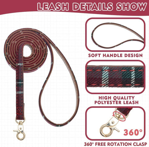 EXPAWLORER Dog Collar and Leash Set, Classic Plaid Dog Bow Tie and Bandana Collar with Bell, Tangle Free Dog Leash,