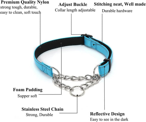 Martingale Dog Collars, Reflective Nylon Soft Padded Dog Training Collar Half-Check Stainless Steel Chain Anti-Escape No Pull Dog Choker Collar, Limited Chain Cinch Collar for Small Medium Large Dogs