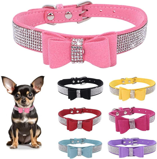 Rhinestone Bowtie Dog Collar for Girls Boys, Cute Dazzling Soft Suede Leather Bling Collars for Small Medium Large Dogs