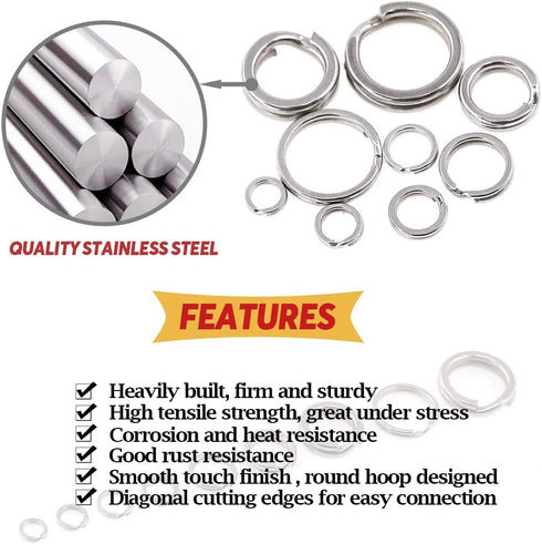 Hilitchi 210Pcs Fishing Tackle Split Rings, High Strength Stainless Steel, 9 Sizes for Heavy Fishing Lures Connector